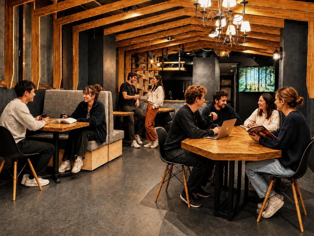 a group of people sitting at tables in a restaurant at Namba Guesthouse HIVE in Osaka