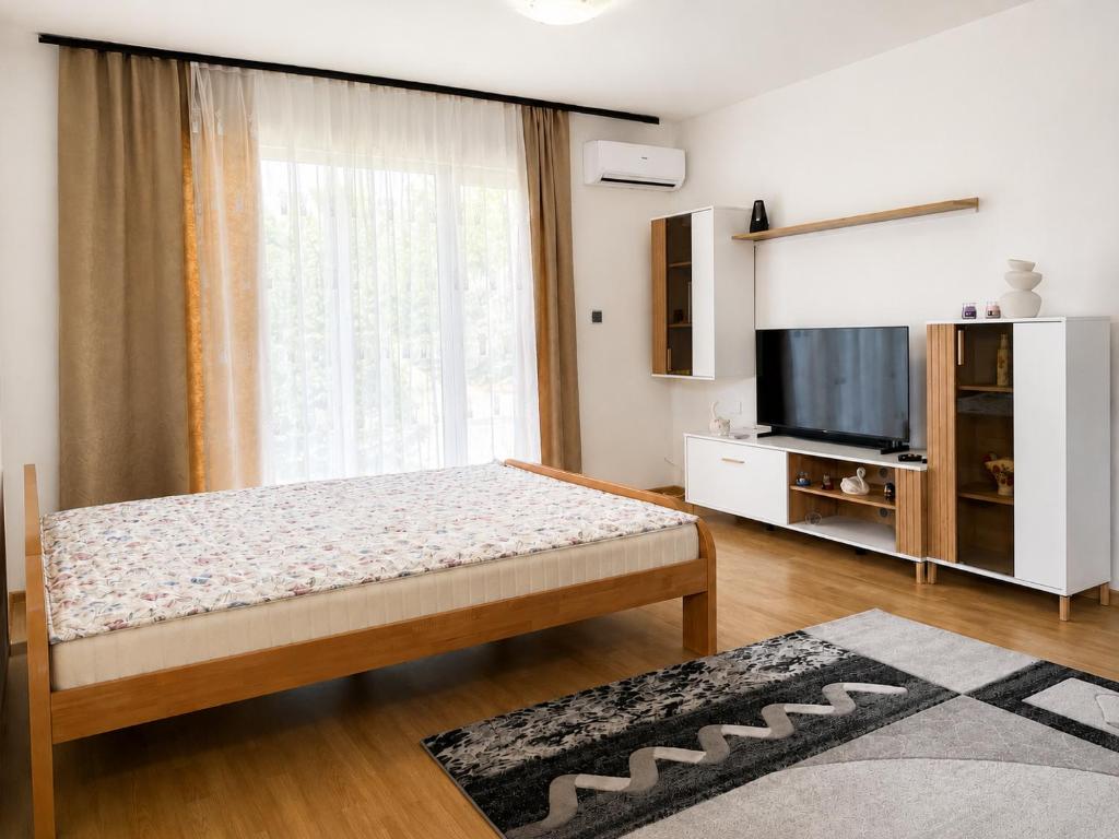 a bedroom with a bed and a large window at Apartment Pasic in Petrovaradin