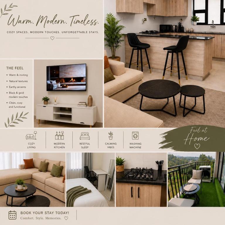 a collage of photos of a kitchen and a living room at Serenity Residences 1BR Ruaka Near Two Rivers & UN Gigiri in Nairobi