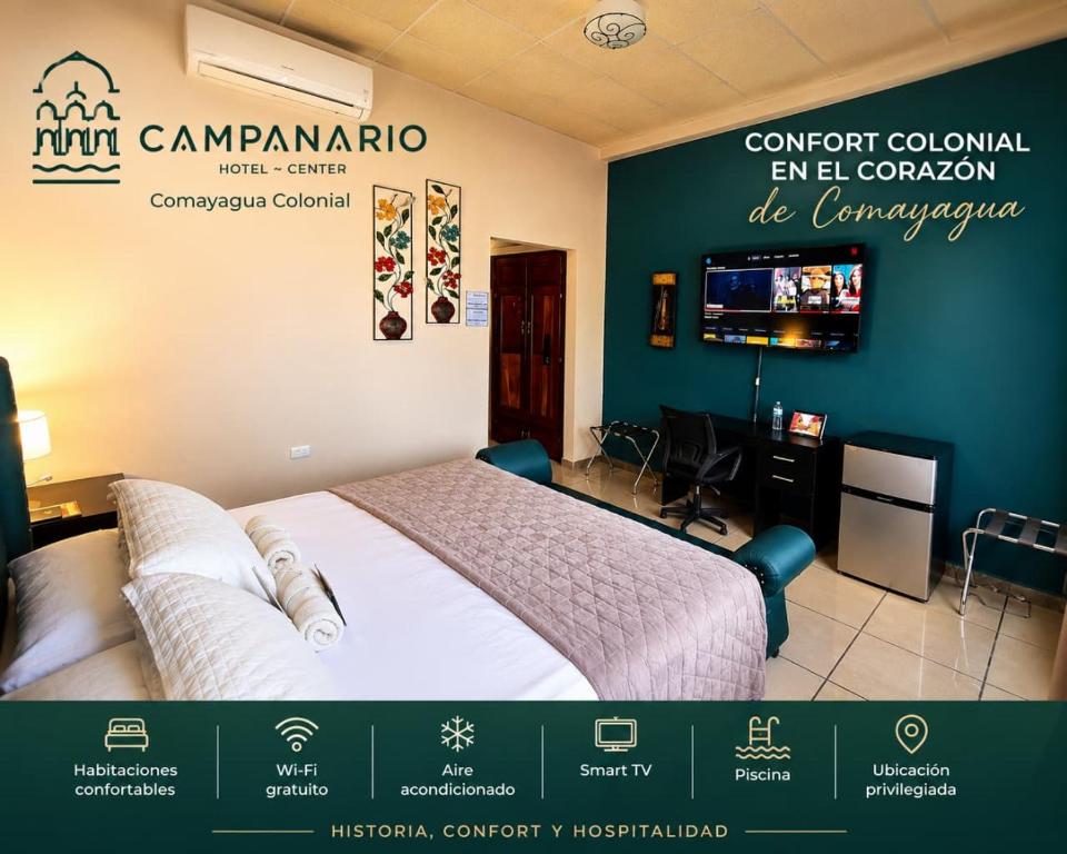 a hotel room with a bed and a tv at Hotel El Campanario in Comayagua