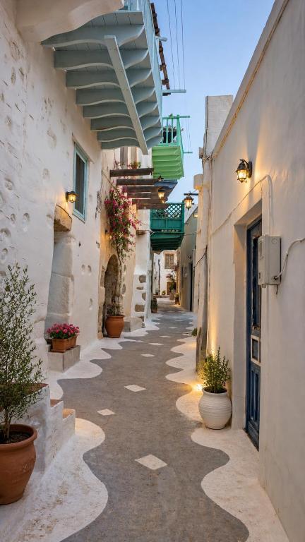 an alley with white buildings and potted plants at Tholari project by S. in Astypalaia