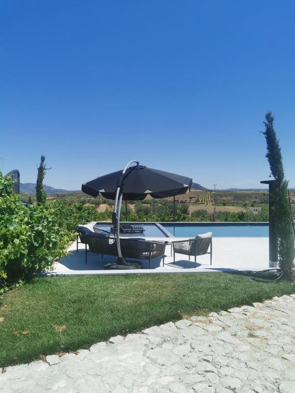 a pool with an umbrella and chairs and a table at A Flor da Rosa in Vila Nova de Foz Coa