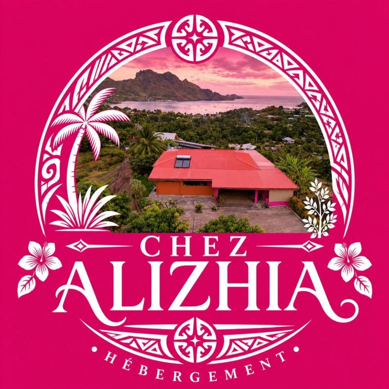 a sign that reads chakra alilia with a house at CHEZ ALIZHIA in Nuku Hiva