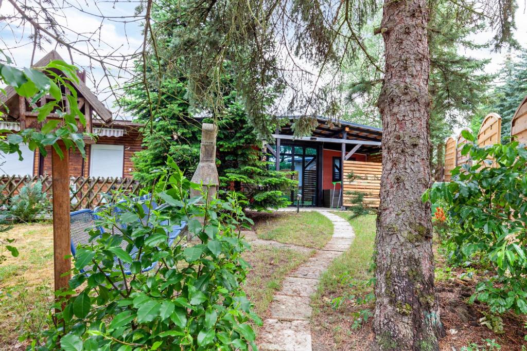 a walkway in front of a house with a tree at Tinyhaus 200 in Zadelsdorf