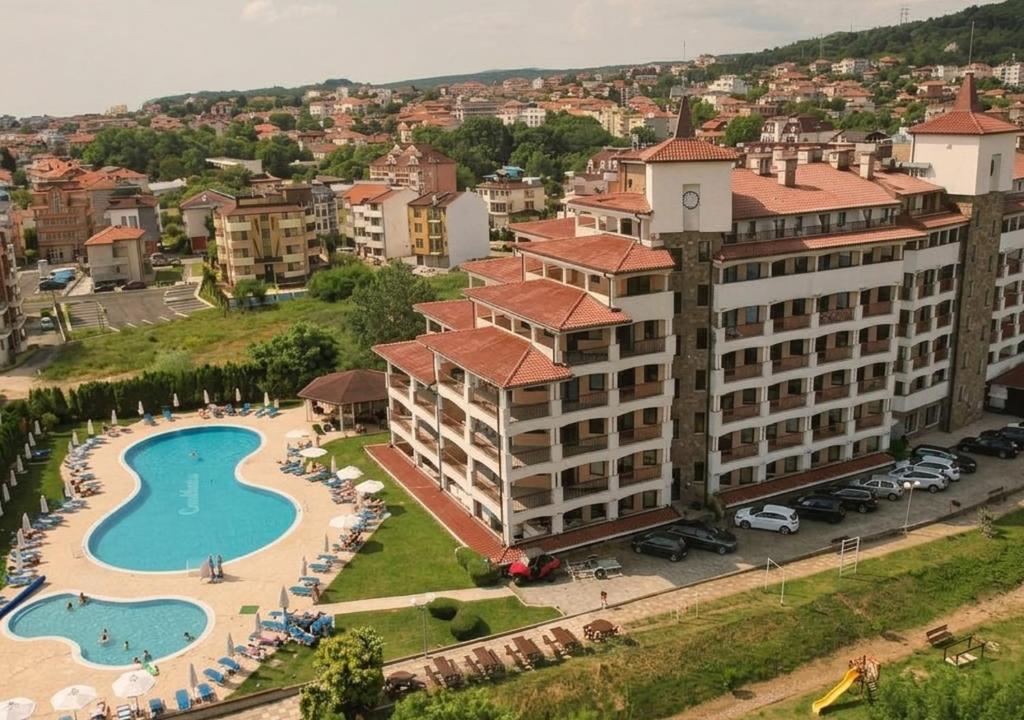 an aerial view of a resort with a pool and a beach at Casablanca Hotel - All Inclusive in Obzor