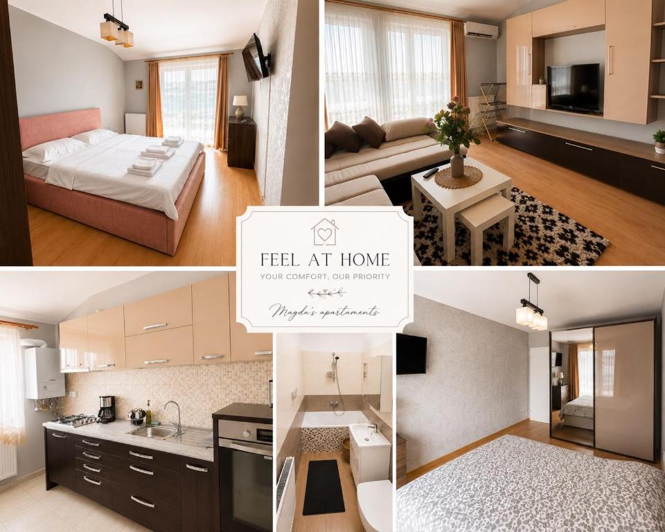 a collage of photos of a hotel room at Magda's Apartments in Braşov