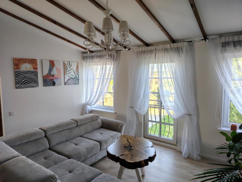 a living room with a couch and a table at Pliusas Residence in Jurbarkas