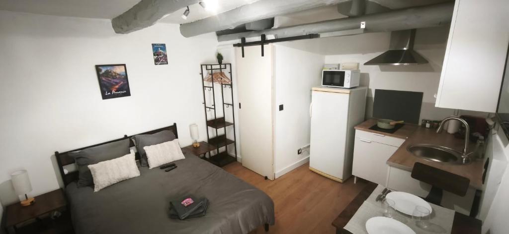a small living room with a couch and a kitchen at Le Ventoux - Studio Climatisé - Provence in Aubignan