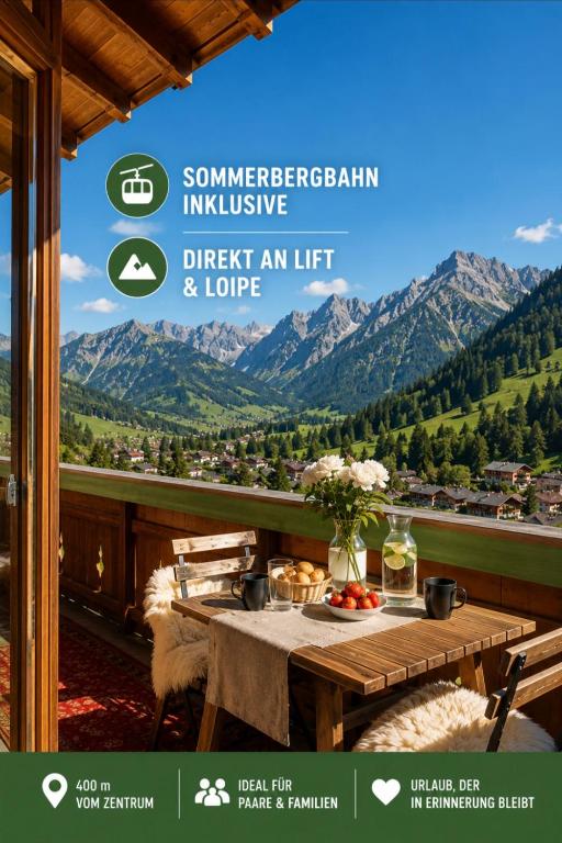 a flyer for a restaurant with a table with a view at Ferienwohnungen Tannheim - bei Martina Fügenschuh - Sommerbergbahn inklusive - ruhige Lage direkt an Lift & Loipe in Tannheim