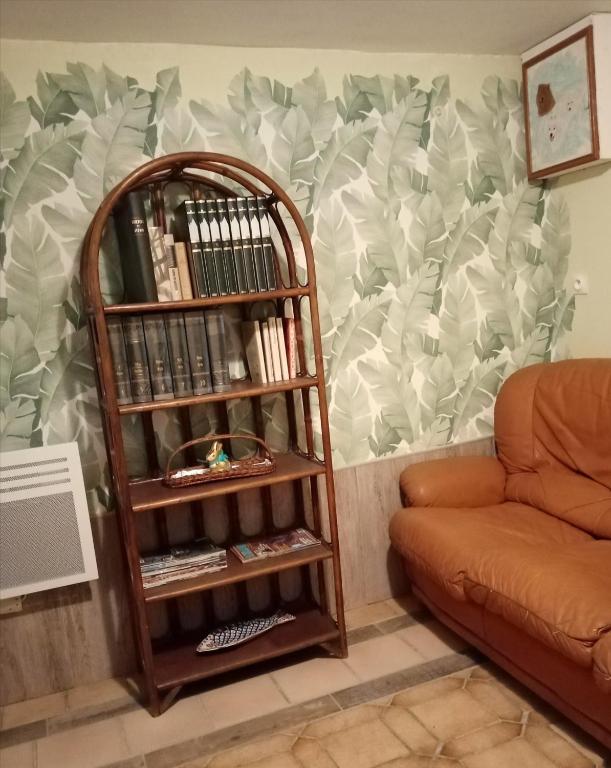 a book shelf in a living room with a couch at Les Jeux du Moulin in Nouans-les-Fontaines