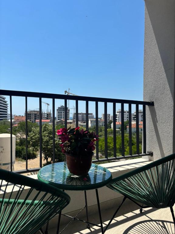 a table with a potted plant on a balcony at Olive Šušanj Apartment in Bar
