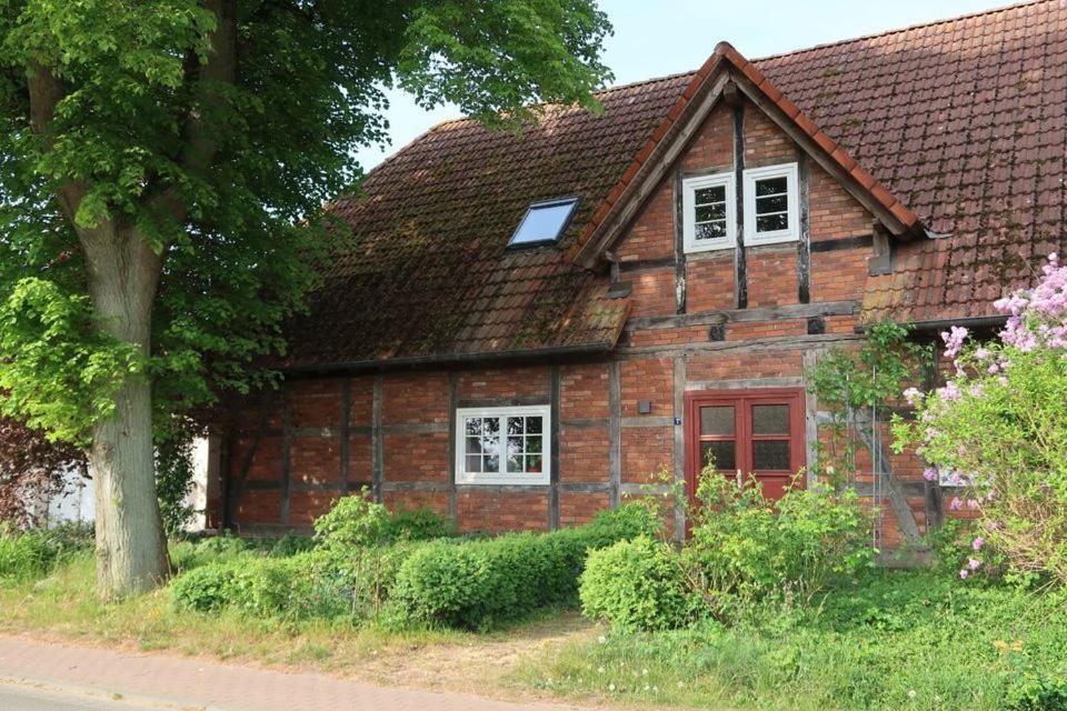 a brick house with a red door and a tree at Im Grünen in Klein Trebbow