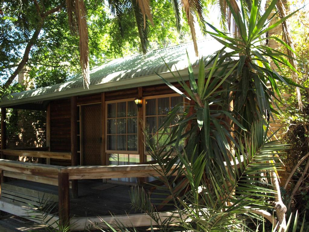 eine Hütte im Wald mit einer Bank davor in der Unterkunft Ti-Tree Village in Ocean Grove