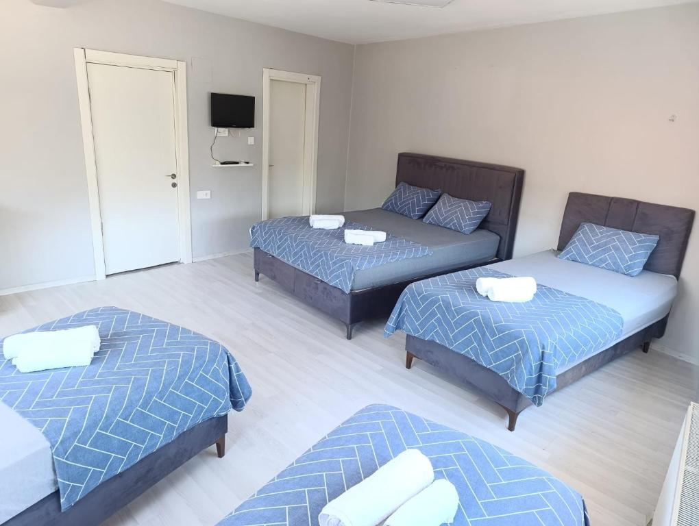 a living room with three beds and a couch at Blacktree Edirne in Edirne