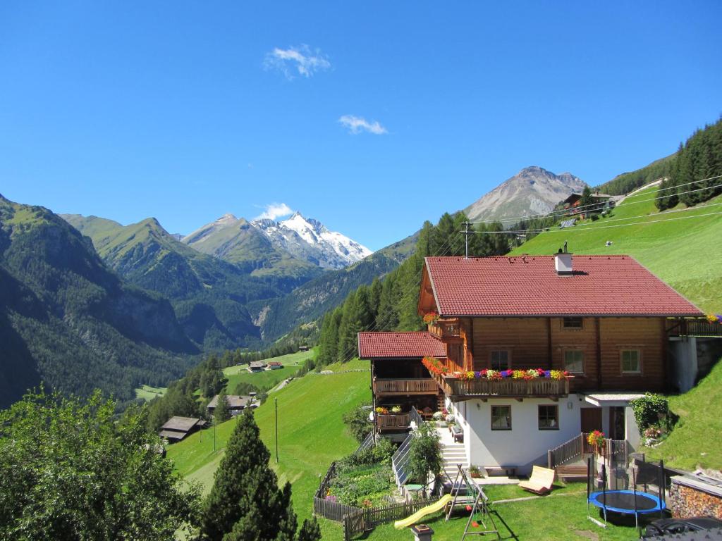 a house on a hill with mountains in the background at Appartement Seppenbauer in Heiligenblut