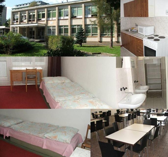 a collage of pictures of a building with a table and chairs at Internát Tvrdošín in Lazy pod Makytou