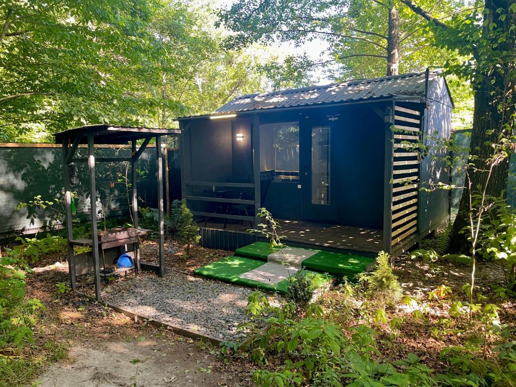 a blue tiny house in the middle of a yard at Scandinavia Camping in Kamennaya Gora