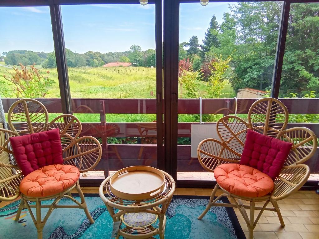a screened in porch with chairs and a table at Studio cosy avec terrasse et barbecue à Cazaubon - 28 m² in Cazaubon