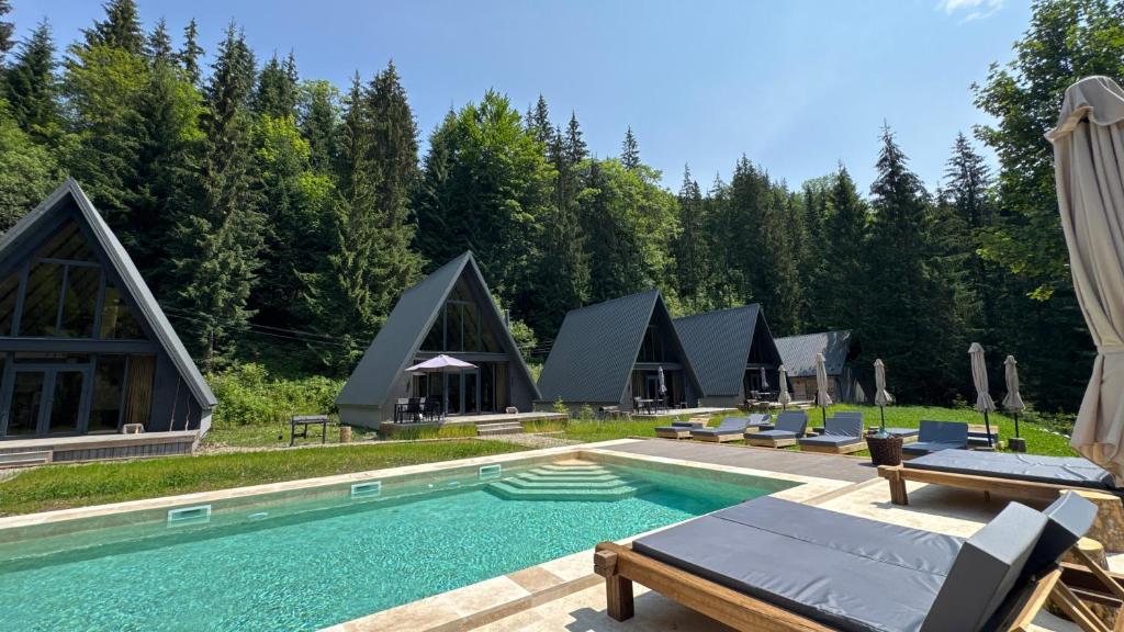 a resort with a swimming pool with chaise lounges at Ultra house будиночки в лісі біля гірської річки in Verkhovyna
