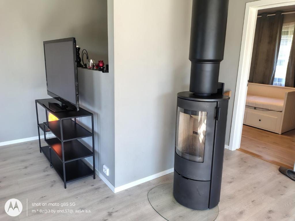 a fireplace in a living room with a tv at Pia Apartment in Bykle