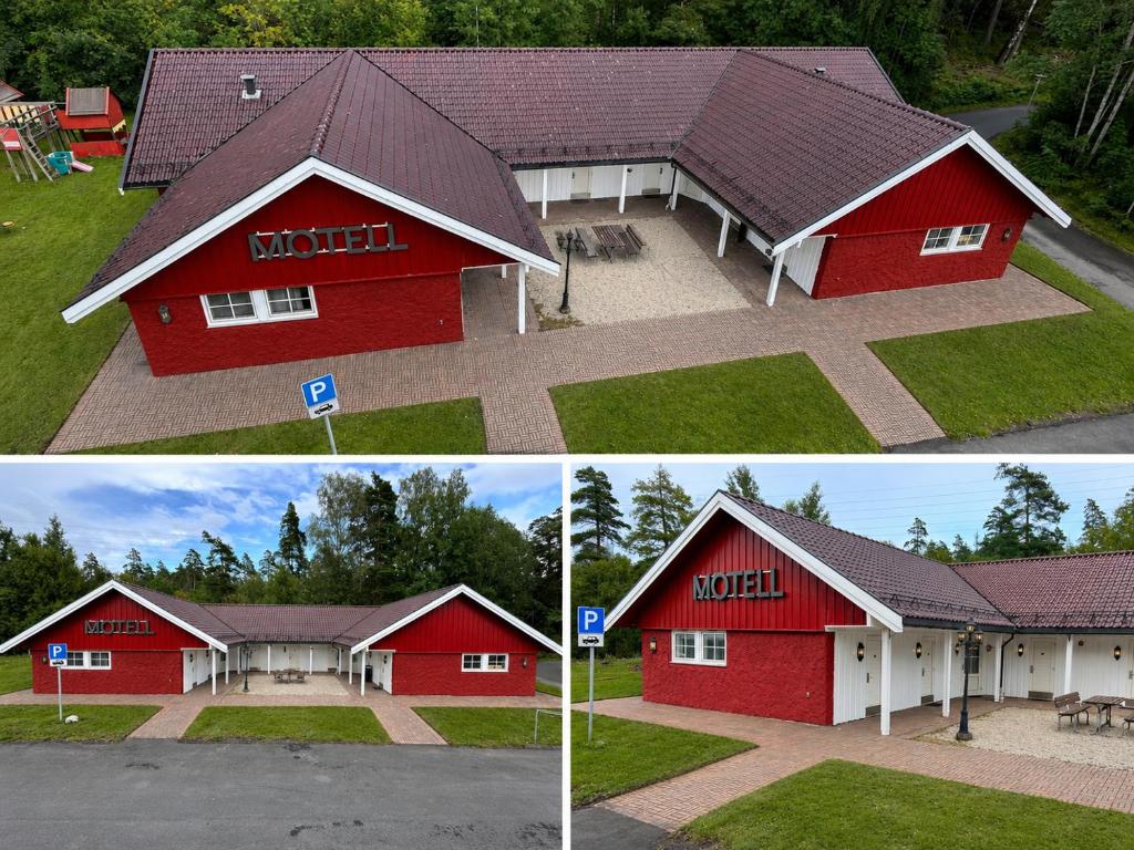 two pictures of a red barn with a sign on it at Storebaug Motell in Moss