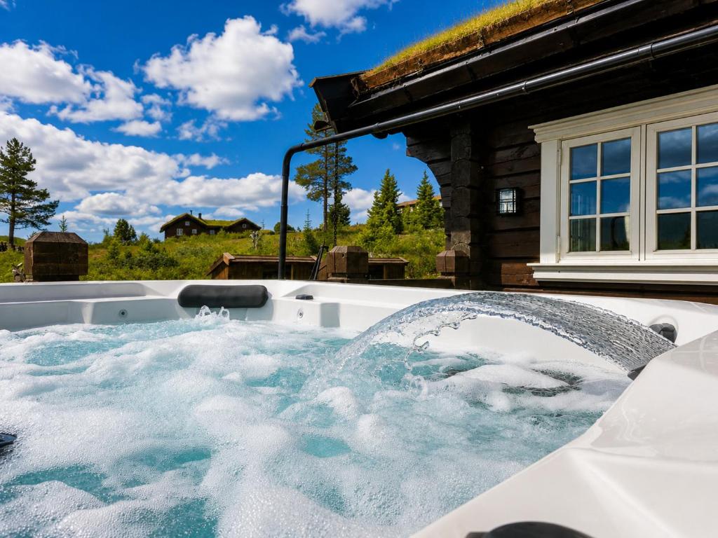 a jacuzzi tub with snow on top of it at Dream mountain cabin with jacuzzi and views in Gol