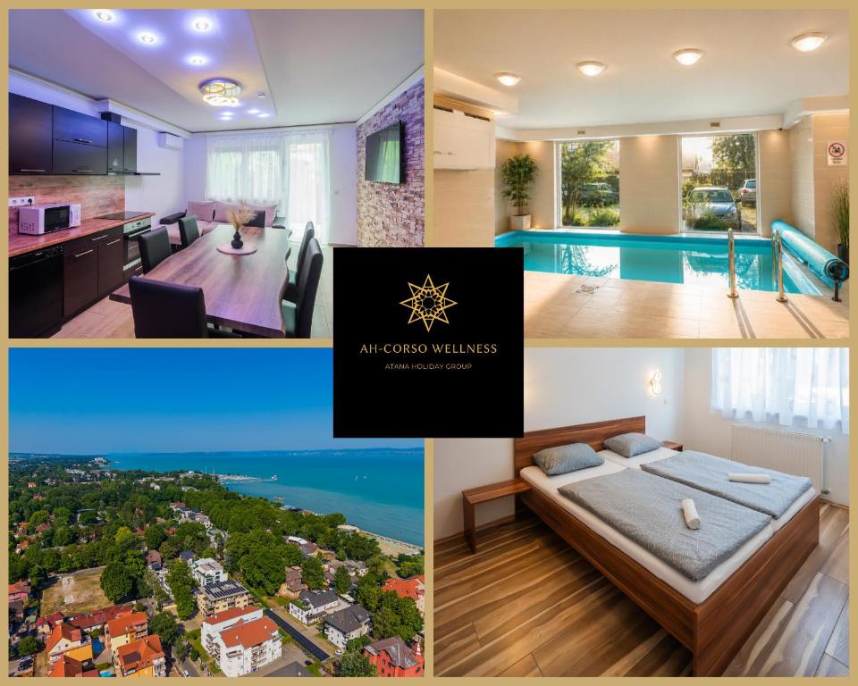 a collage of photos of a kitchen and a house at AH-Corso Wellness Apartment in Siófok