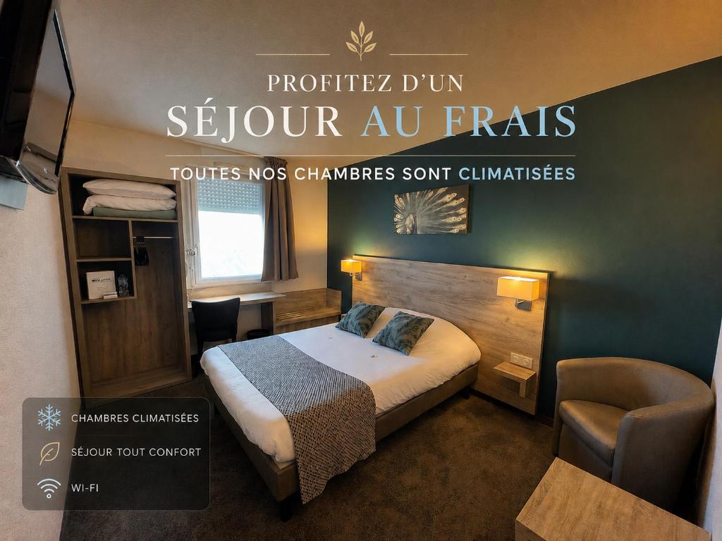 a hotel room with a bed and a chair at Brit Hotel Saumur in Distré