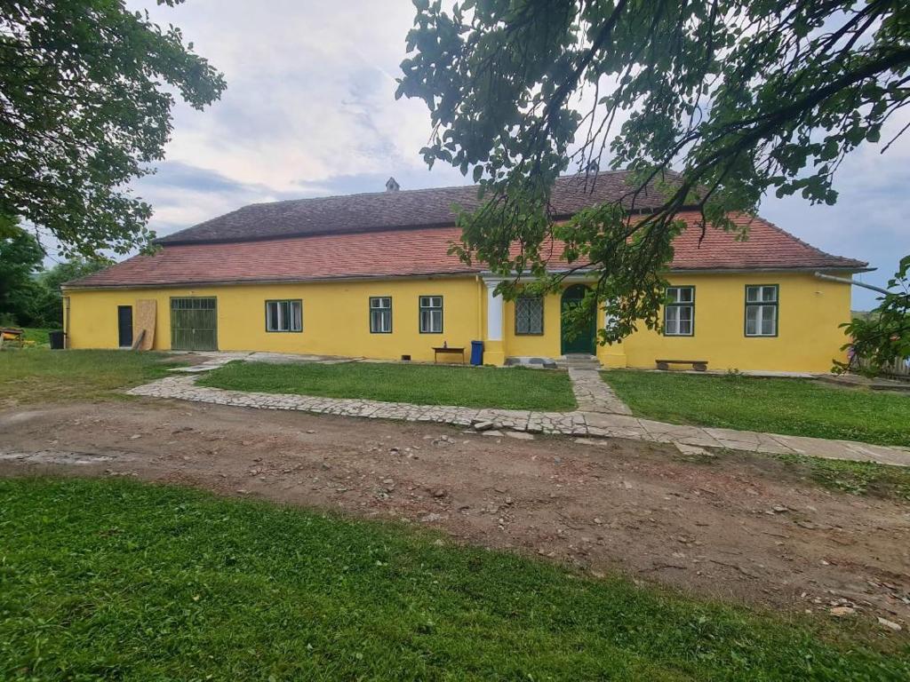 a yellow house with a red roof at Kinderuni Bekokten in Bărcuţ