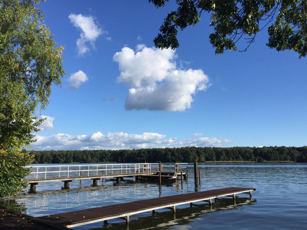 a dock on a lake with a blue sky and clouds at Lakeview Appartements in Zeuthen