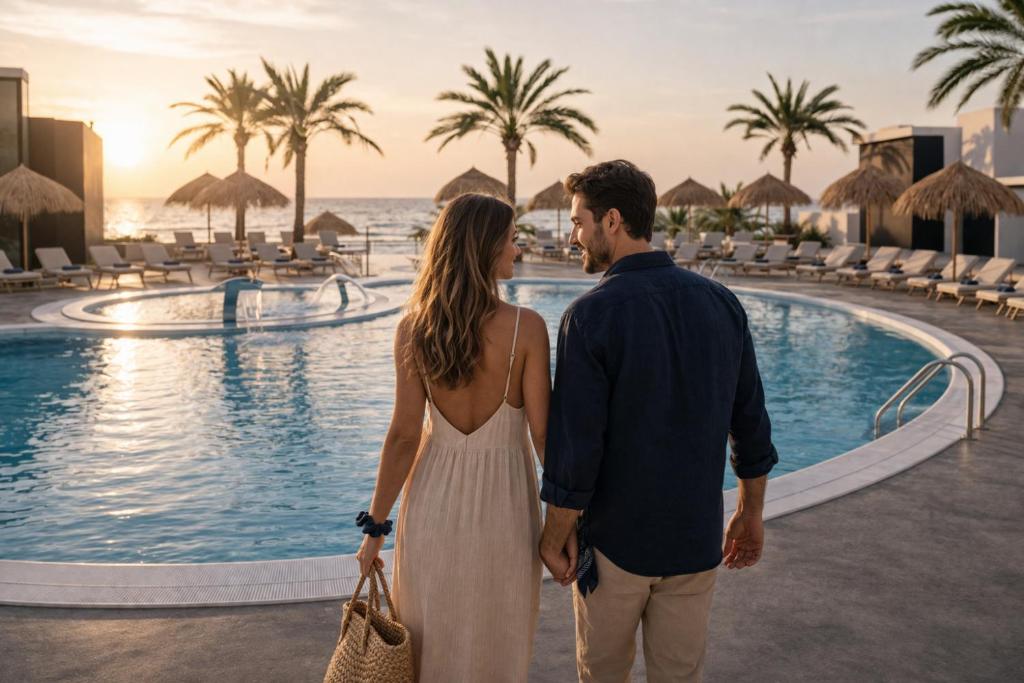 a couple standing by the pool at a resort at HD Sensarena - Adults Only in Costa Teguise