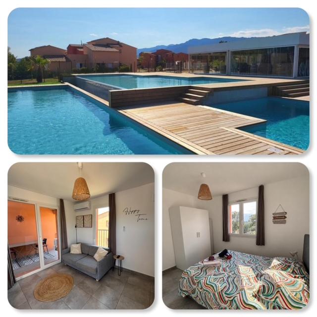 a collage of three pictures of a swimming pool at Appartement T2 moderne - Résidence Lecci - Piscines & proche Mer in Lecci