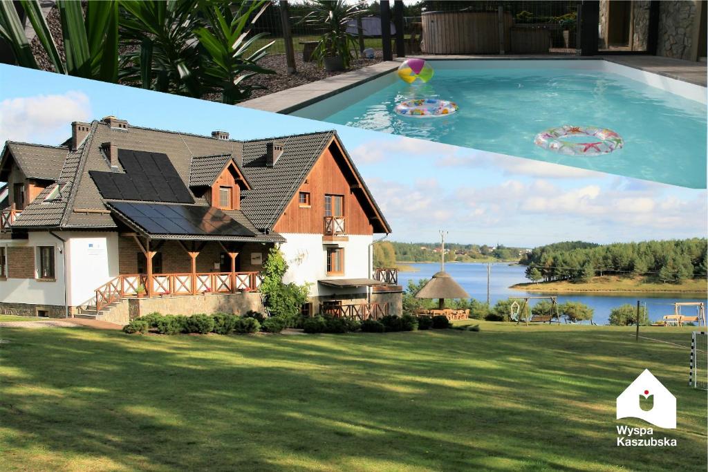a house with a swimming pool and a house at Wyspa Kaszubska dom wypoczynkowy z sauną i balią in Lipnica