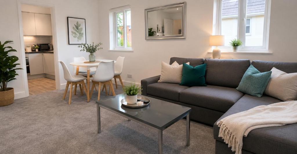 a living room with a couch and a table at K Suites - Walsingham Close in Hatfield