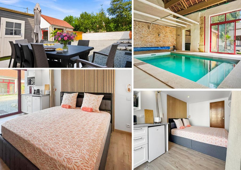 a collage of pictures of a house with a bed and a swimming pool at Les 4 AS de Jaunay, Intime, Jacuzzi in Jaunay-Clan