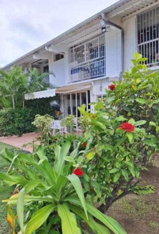 a white house with red flowers in front of it at Studio ALIZÉS in Le Moule