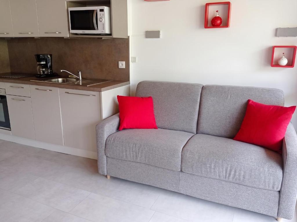 a gray couch with two red pillows in a kitchen at Studio accueillant à Les Carroz, 27 m², vue montagne in Les Carroz d'Araches