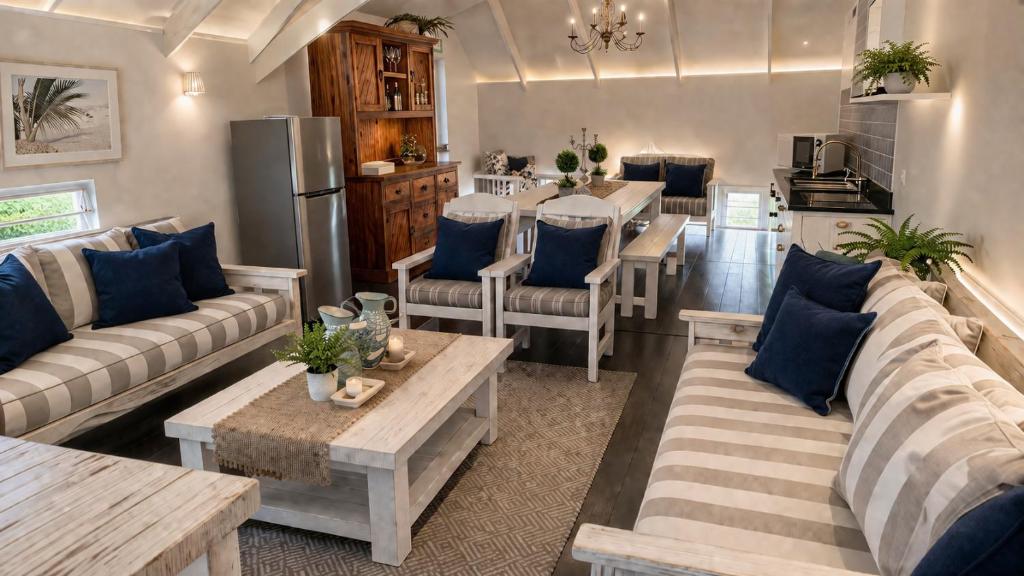 a living room with couches and a table and a kitchen at Be Our Guest Self Catering in Nelspruit
