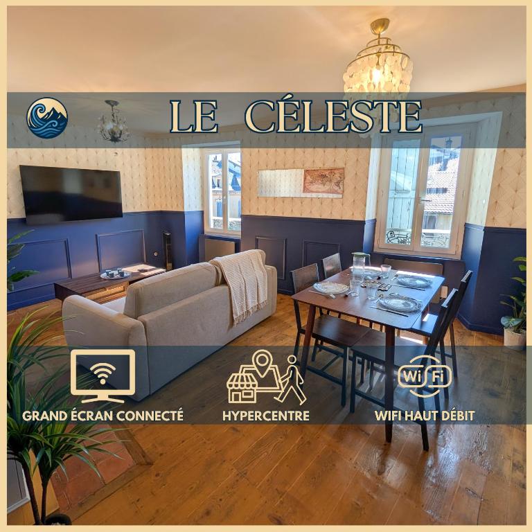 a living room with a couch and a table at Le Céleste T2 cosy en hypercentre de Gap in Gap