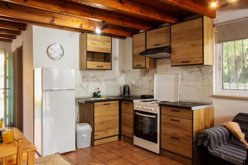 a kitchen with a white refrigerator and wooden cabinets at Harmony House Corfu in Kynopiástai