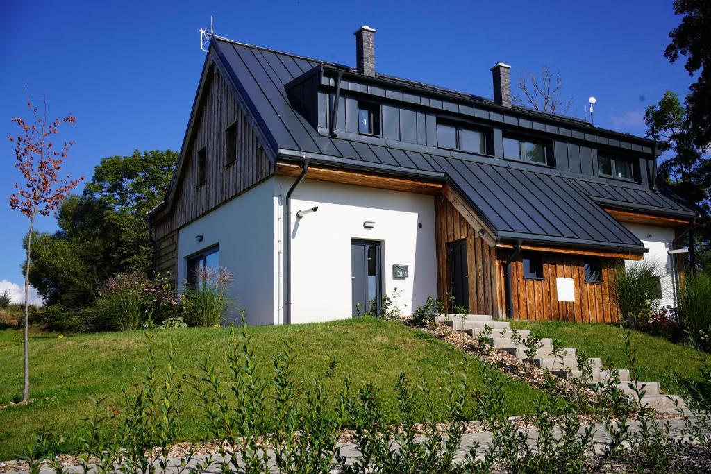 a house with a black roof on a green field at Pod křídly Krkonoš in Černý Dŭl