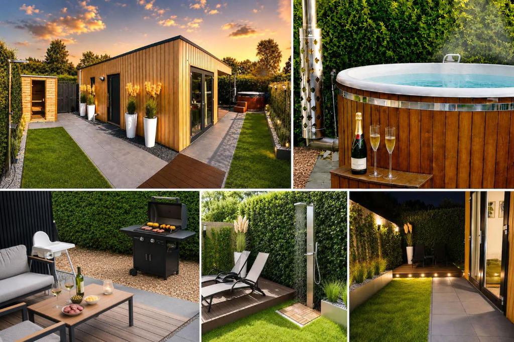 a collage of pictures of a backyard with a hot tub at Steam & Dream - Hottub & Sauna Retreat - Free WiFi - Full Privacy - Luxury Experience in Heinkensand