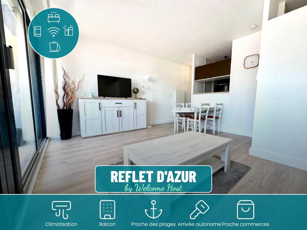 a kitchen and a living room with a table and a tv at Reflet d’Azur - 4 personnes - Point zéro in La Grande Motte
