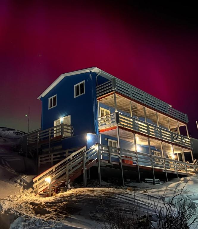 a blue house in the snow at night at Arctic hostel in Qaqortoq