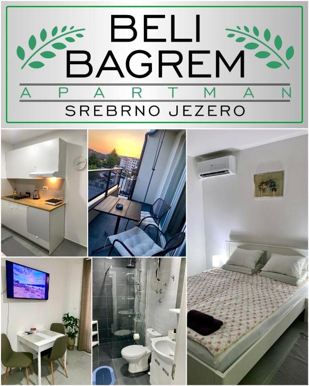 a collage of photos of a bed room and a bedroom overview at Apartman Beli Bagrem in Veliko Gradište