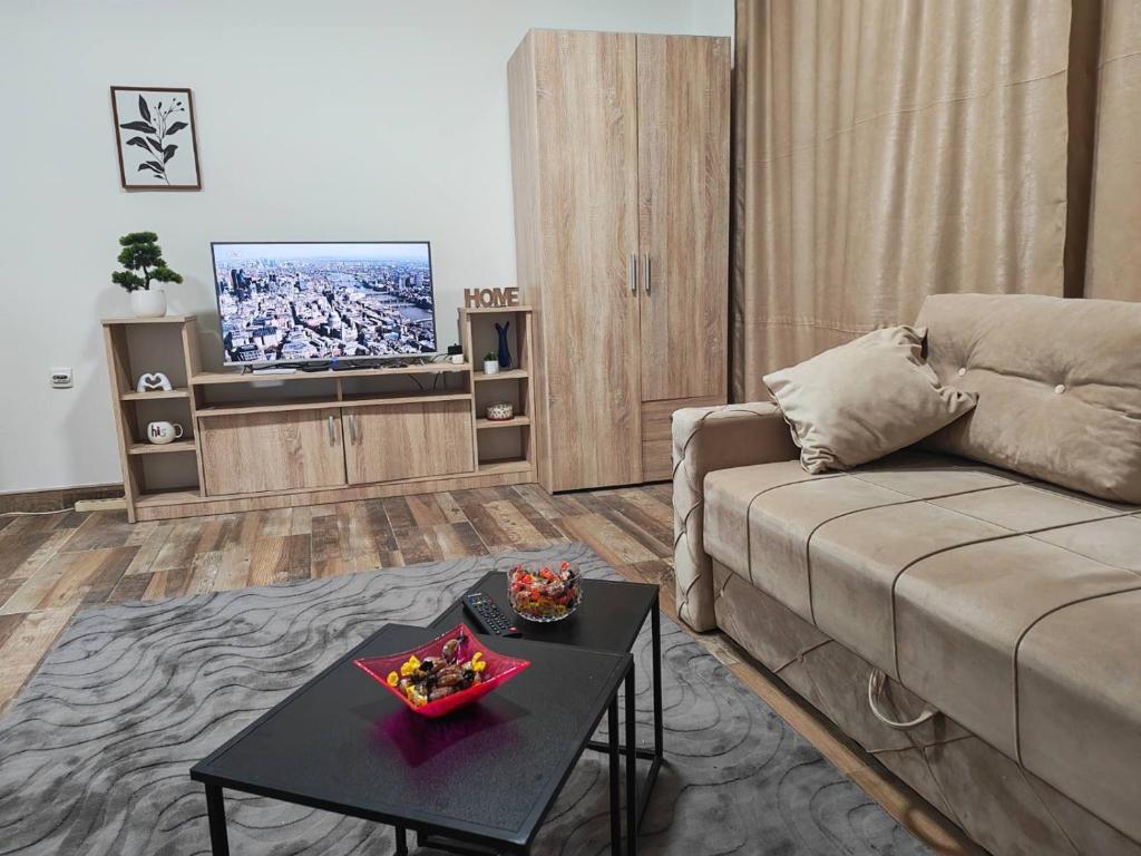 a living room with a couch and a tv at Apartmani Peric Bogatic in Bogatić