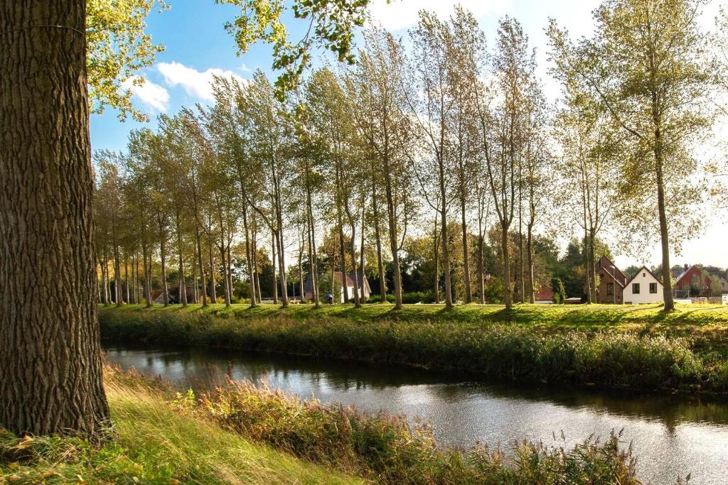 a river with trees and a house in the background at De Blinker in Damme