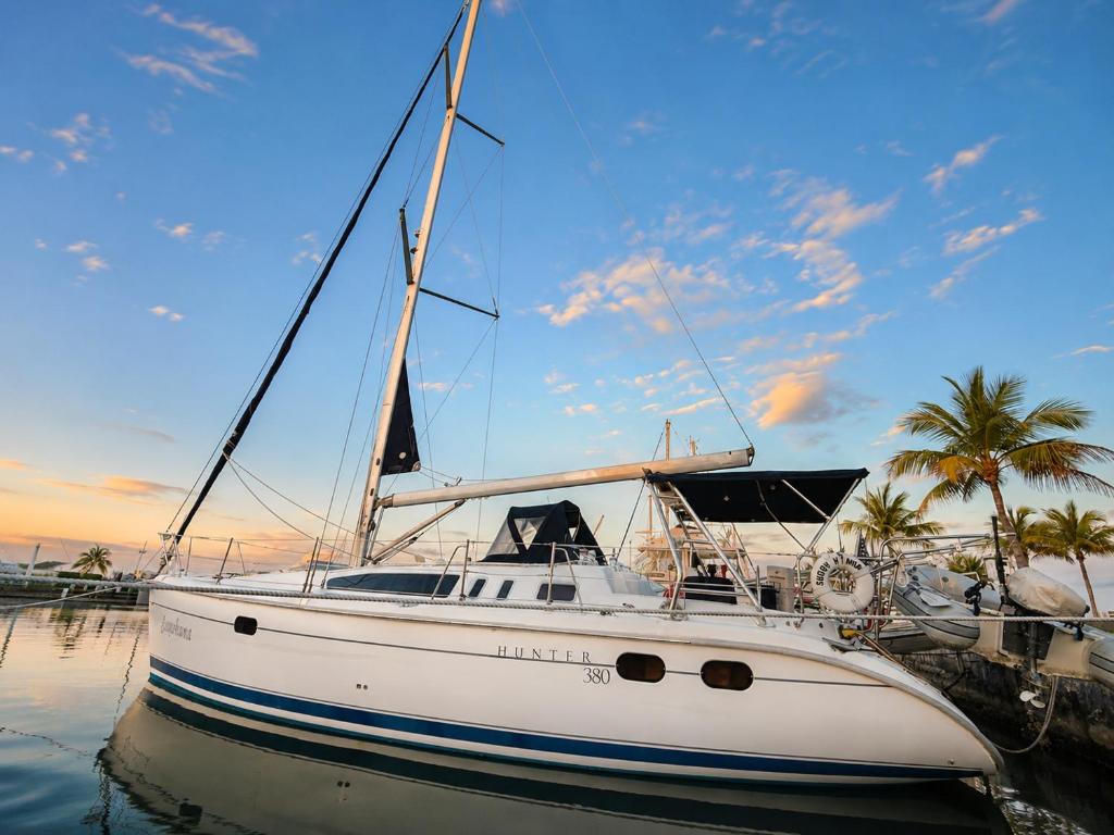 a white boat docked in a harbor with palm trees at Elegant Sailboat Stay in Key West