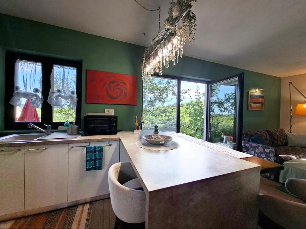 a kitchen with green walls and a table and a couch at Casa Rosa Istria in Kućibreg