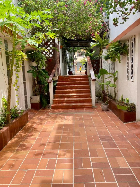 a hallway with a staircase with plants and flowers at Hotel Restaurant Wuarao - Antiguo Club Rolling Stones in Boca Chica